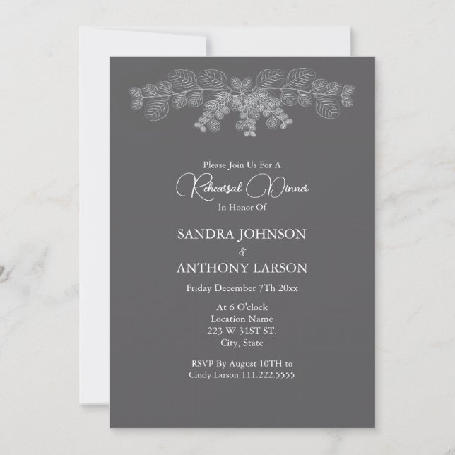 Simple Grey Line Art Eucalyptus Rehearsal  Invitation (Front)