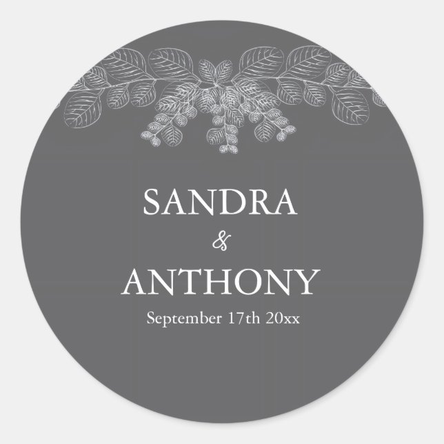 Simple Grey Line Art Eucalyptus  Wedding Classic Round Sticker (Front)