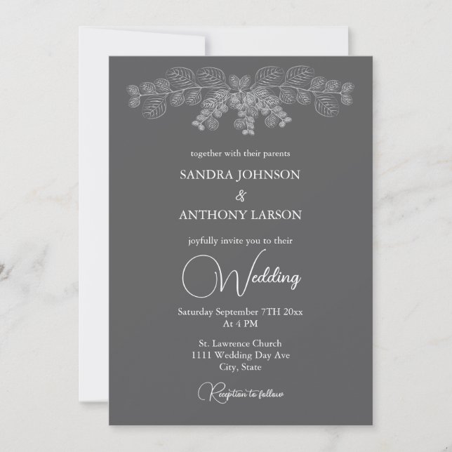 Simple Grey Line Art Eucalyptus Wedding Invitation (Front)