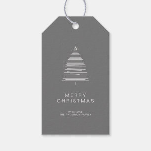 Simple Grey Line Art Merry Christmas Tree Gift Tags
