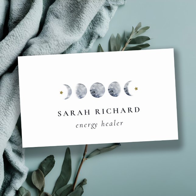 Simple Grey Lunar Celestial Moon Phase Watercolor Business Card (Creator Uploaded)