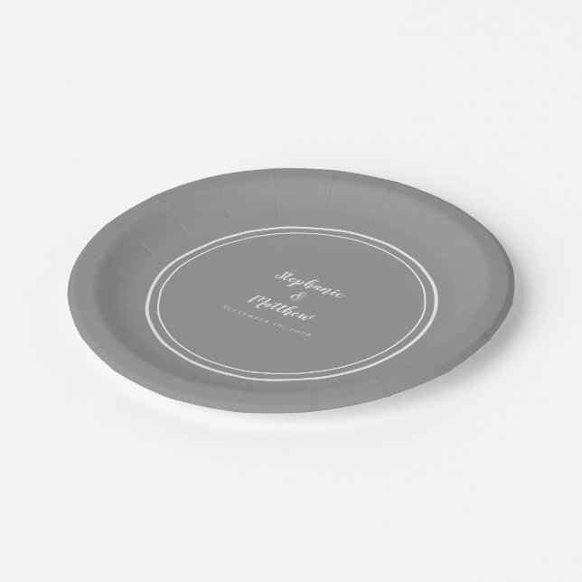 Simple Grey Modern Bride Groom Couple Wedding  Paper Plate (Angled)