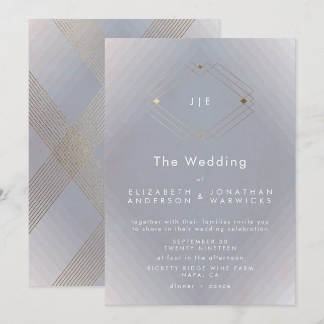 Simple Grey Modern Geometric Gold Wedding Invitation (Front/Back)