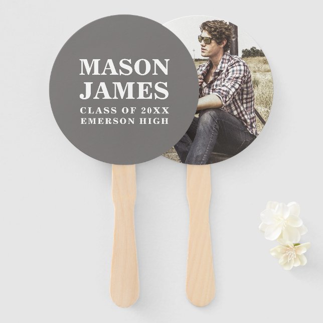Simple Grey Modern Photo Graduation Hand Fan (Front and Back)