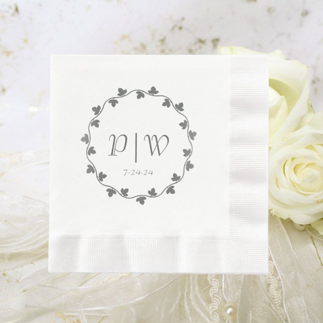 Simple Grey Monogram Ivy Wreath Wedding Napkin (In Situ Wedding)
