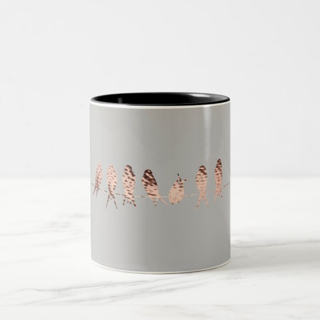 Simple Grey Mug - Faux Copper Birds On Wire Design (Center)