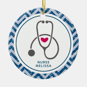 Simple Grey Nursing Stethescope on Blue Chevron Ceramic Tree Decoration