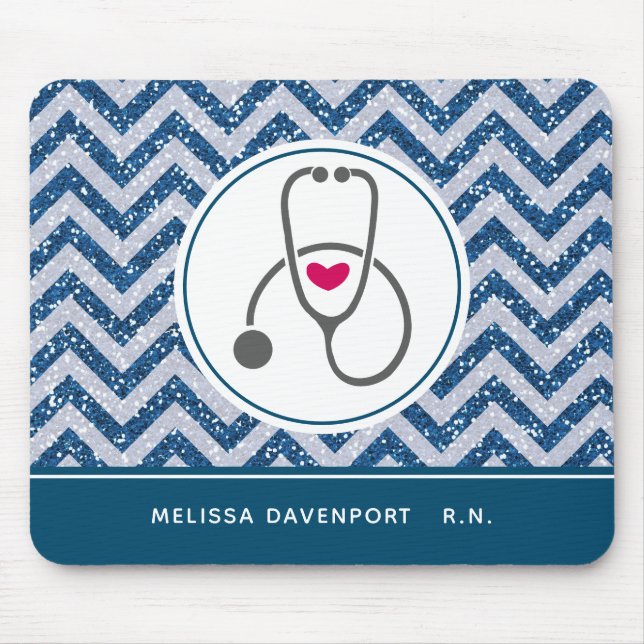 Simple Grey Nursing Stethoscope on Blue Chevron Mouse Mat (Front)