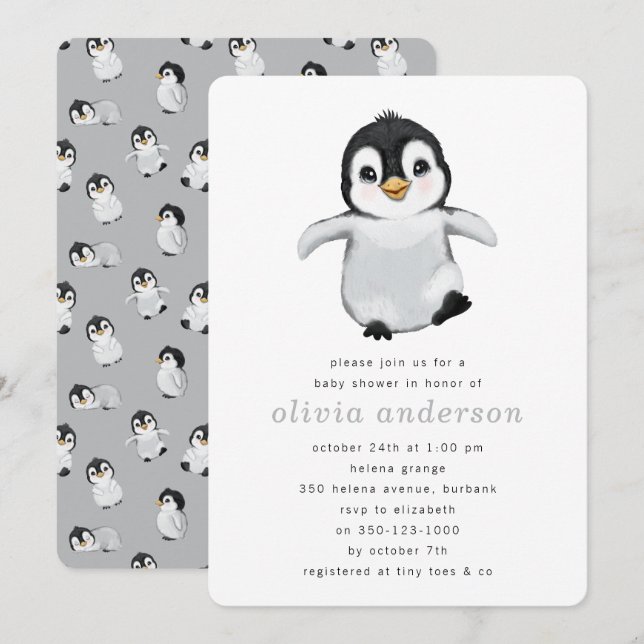 Simple Grey Penguin Winter Baby Shower Invitation (Front/Back)