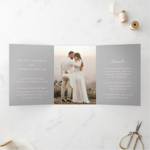 Simple Grey Photo Elegant Wedding Tri-Fold Invitation