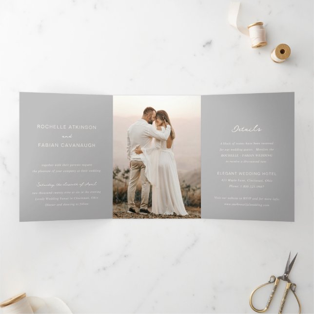 Simple Grey Photo Elegant Wedding Tri-Fold Invitation (Inside)