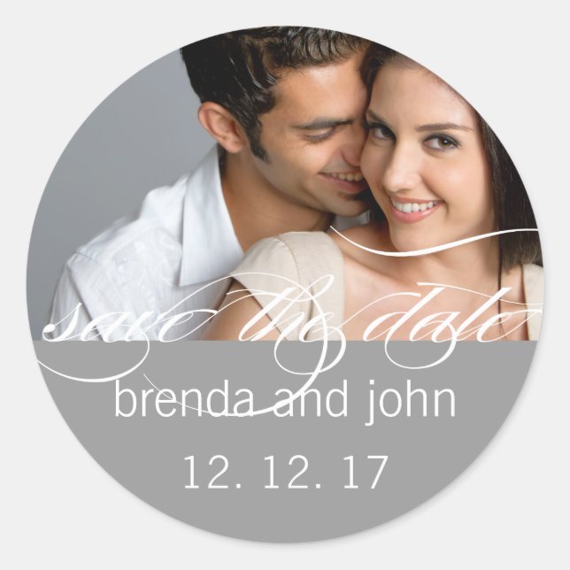 Simple Grey Photo Save the Date Wedding Sticker (Front)