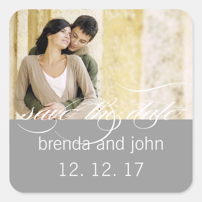 Simple Grey Photo Save the Date Wedding Sticker (Front)