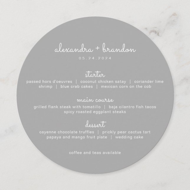 Simple Grey Round Wedding Menu (Front)