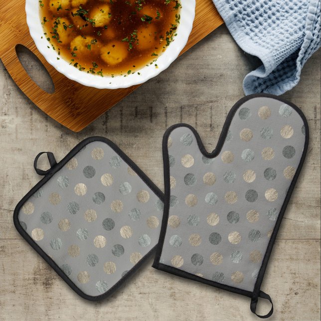   Simple Grey & Silver Polka Dots Modern & Elegant Oven Mitt & Pot Holder Set (Creator Uploaded)