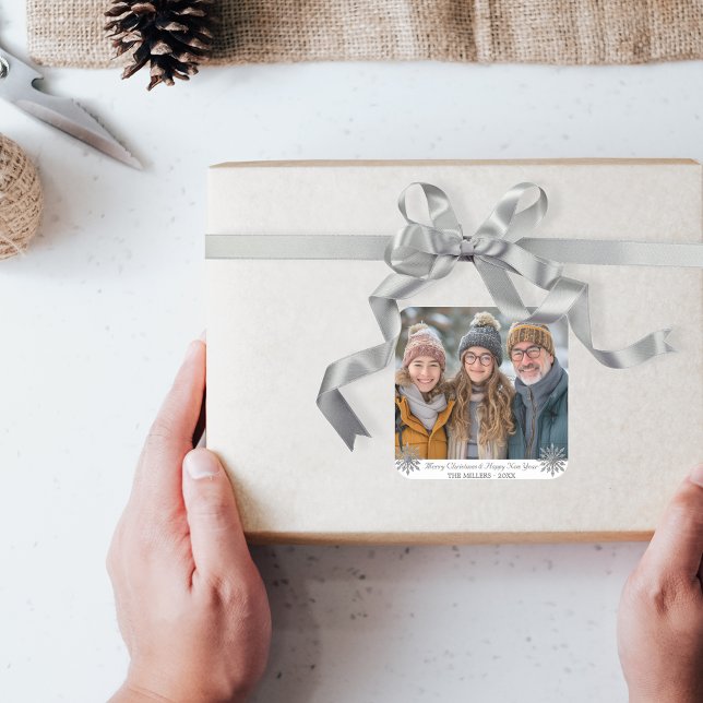 Simple Grey Snowflakes one photo  Square Sticker (Simple Grey Snowflakes one photo Square Sticker)