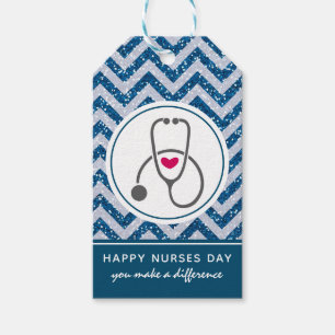 Simple Grey Stethescope on Blue Chevron Nurses Day Gift Tags