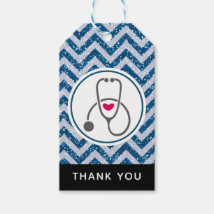 Simple Grey Stethescope on Blue Chevron Thank You Gift Tags