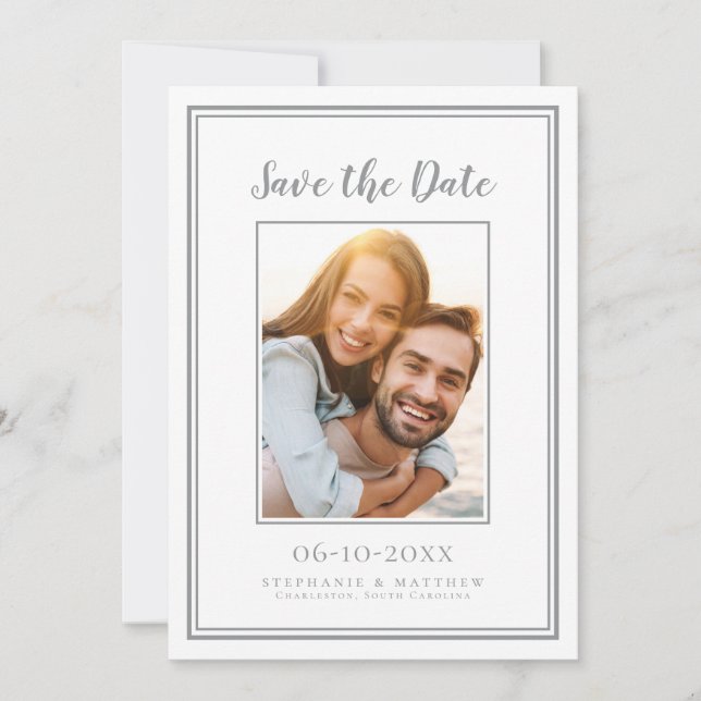 Simple Grey Wedding Engagement Picture Modern Save The Date (Front)