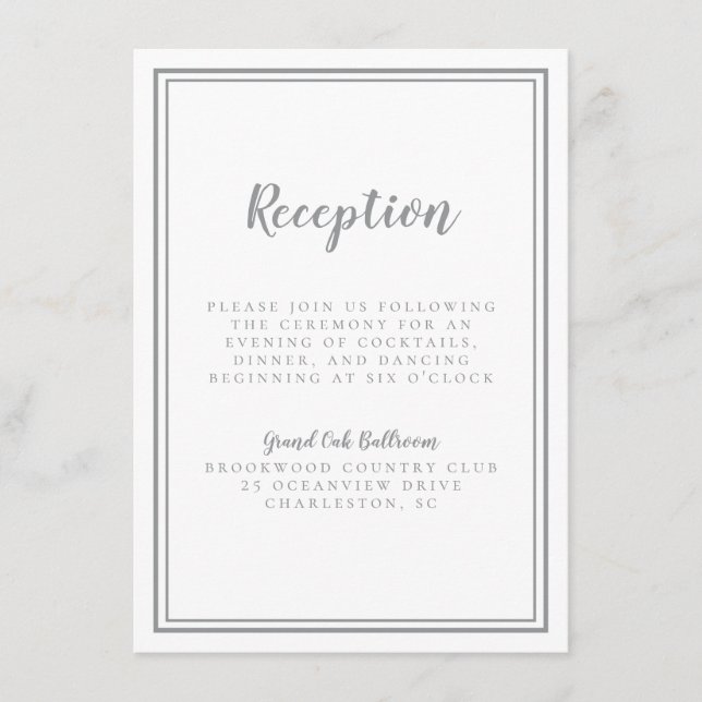 Simple Grey Wedding Reception White Frame Enclosure Card (Front)