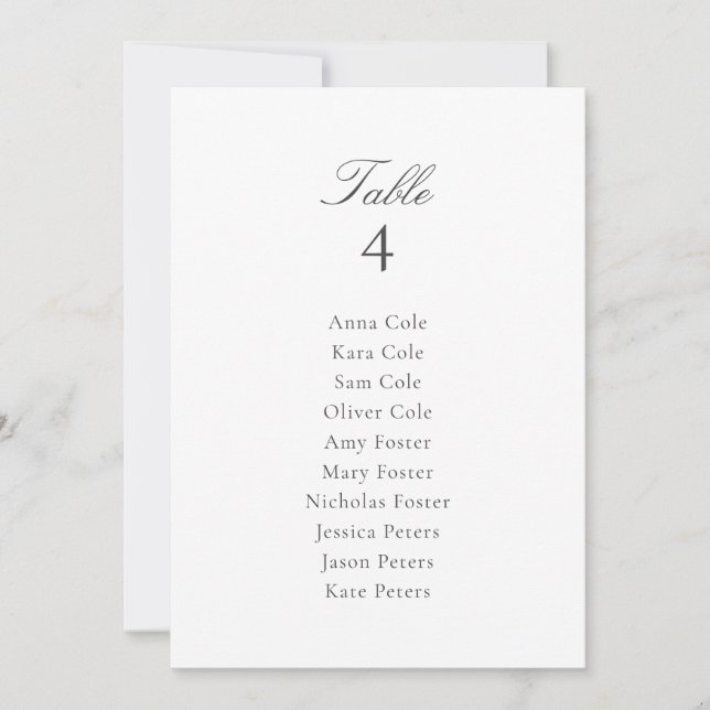 Simple Grey Wedding Table Seating Chart Card (Front)