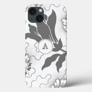 Simple Grey White Floral Print With Monogram iPhone 13 Case