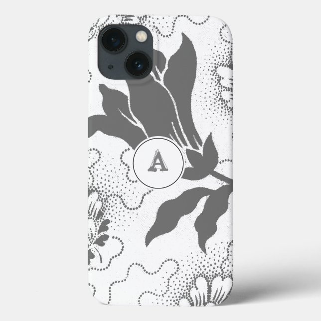 Simple Grey White Floral Print With Monogram Case-Mate iPhone Case (Back)