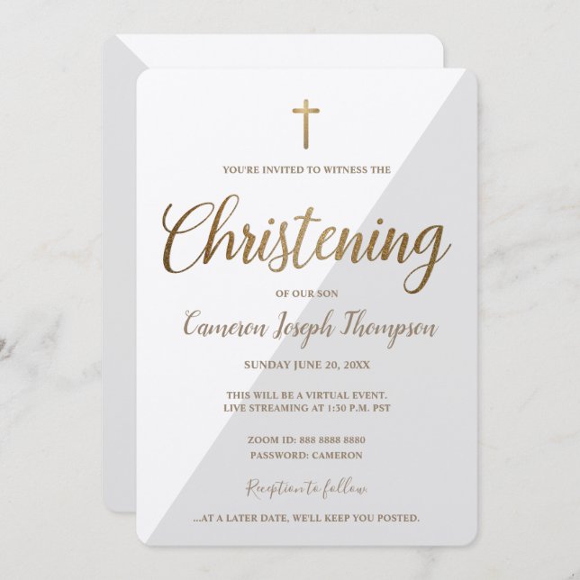 Simple Grey White Gold Cross Virtual Christening Invitation (Front/Back)