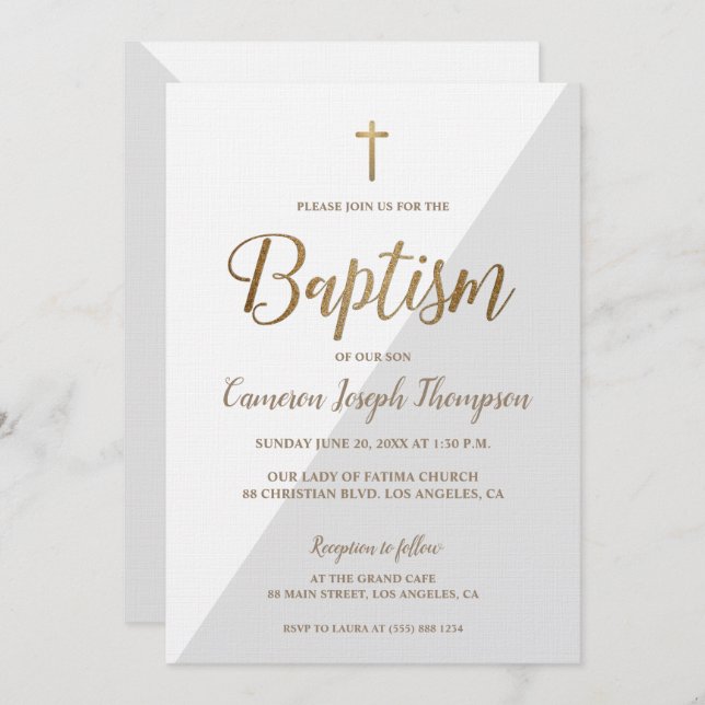 Simple Grey White Gold Modern Baptism Invitation (Front/Back)