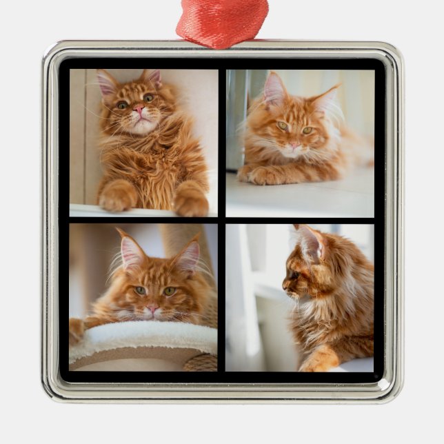 Simple Grid Collage 4 Four Photos Black Metal Tree Decoration (Front)