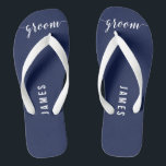 Simple Groom Navy Blue Wedding Party Flip Flops<br><div class="desc">Simple Groom navy blue wedding party flip flops with wide straps and customisable text - you can add Groom's name</div>
