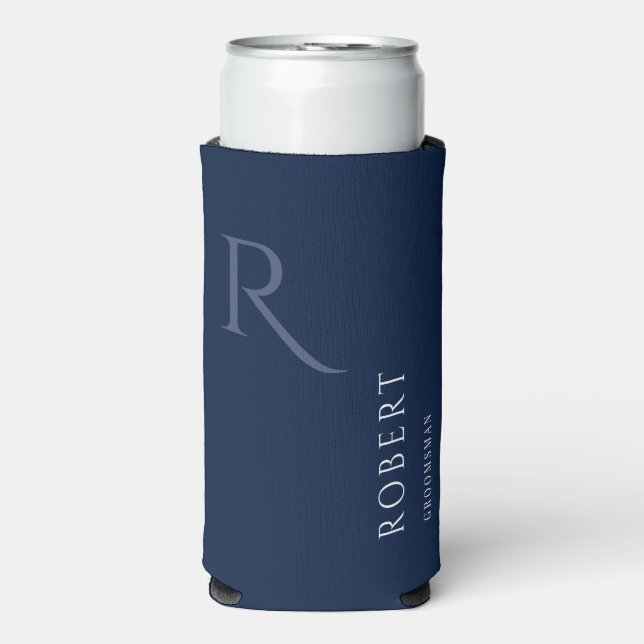 Simple Groomsman Monogram Blue Wedding Seltzer Can Cooler (Seltzer Front)