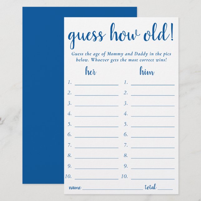 Simple Guess How Old  | Blue Photo Game Card (Front/Back)