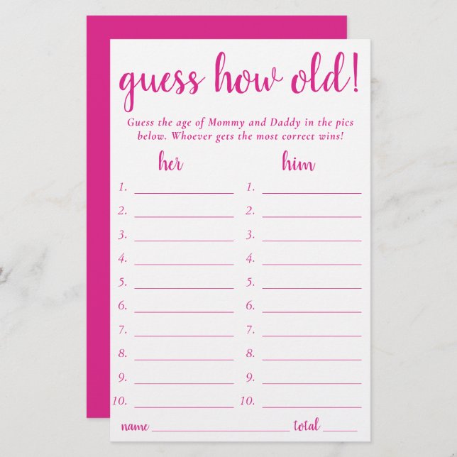 Simple Guess How Old | Hot Pink Photo Game Card (Front/Back)