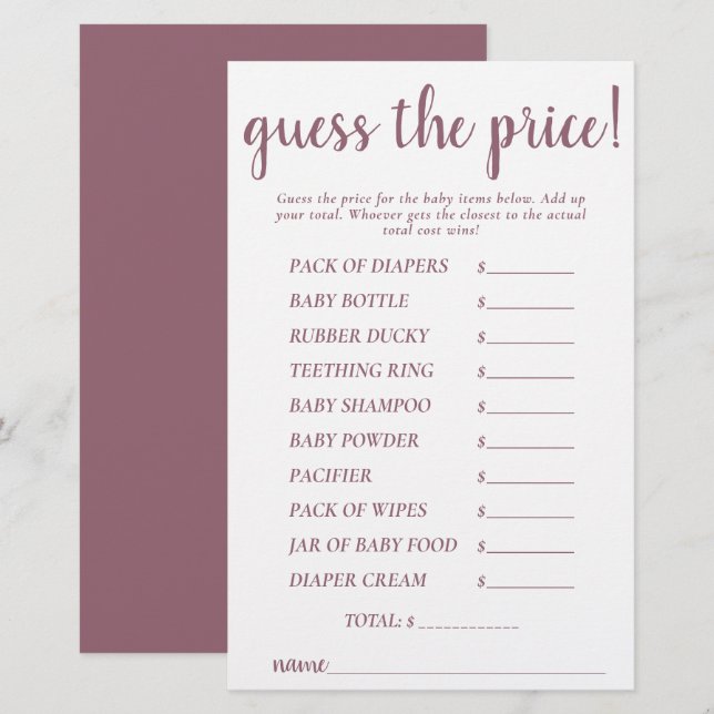 Simple Guess Prices | Desert Rose Shower Game Card (Front/Back)