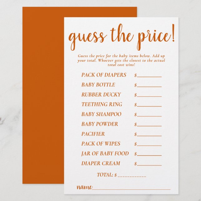Simple Guess Prices | Fall Orange Shower Game Card (Front/Back)