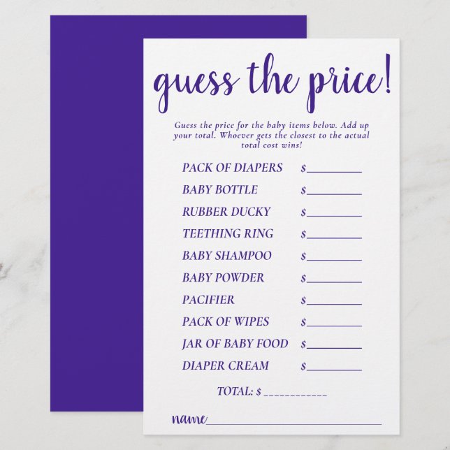 Simple Guess Prices | Purple Shower Game Card (Front/Back)
