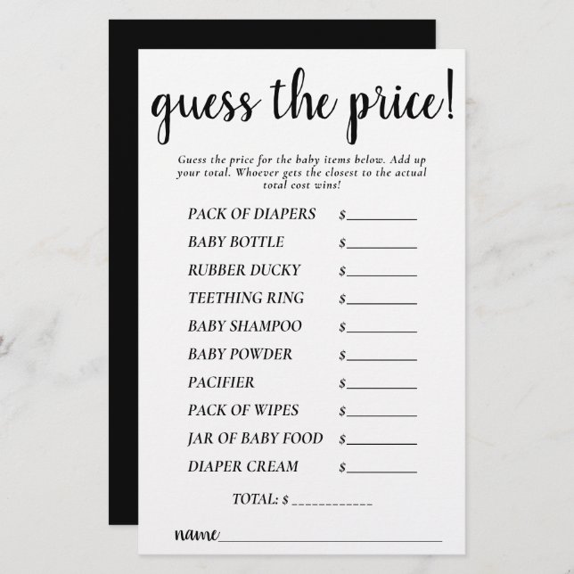 Simple Guess the Price | Black Script Shower Game (Front/Back)