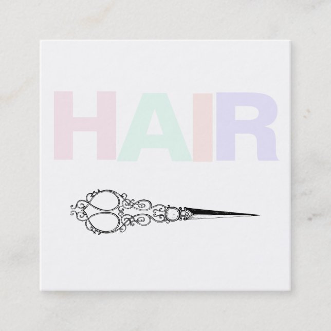*~* Simple HAIR Pastels Minimal Antique Scissors Square Business Card (Front)