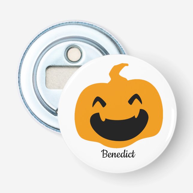 Simple Halloween jack-o-lantern pumpkin face Name Bottle Opener (Front)