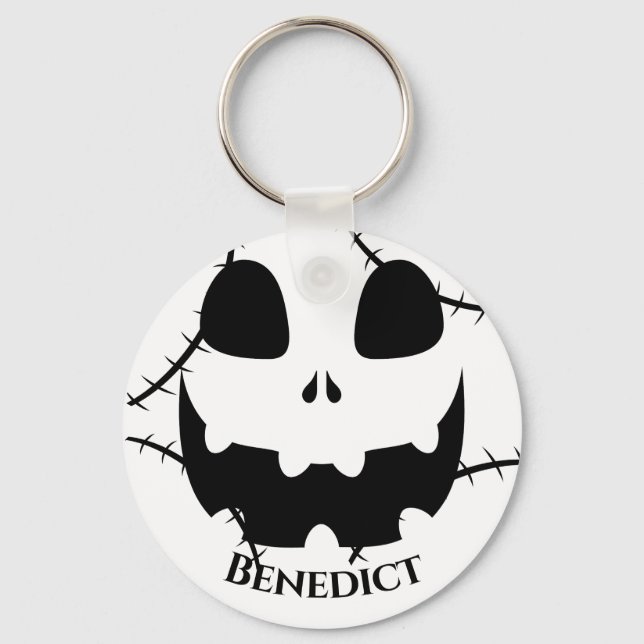 Simple Halloween jack-o-lantern pumpkin face Name Key Ring (Front)