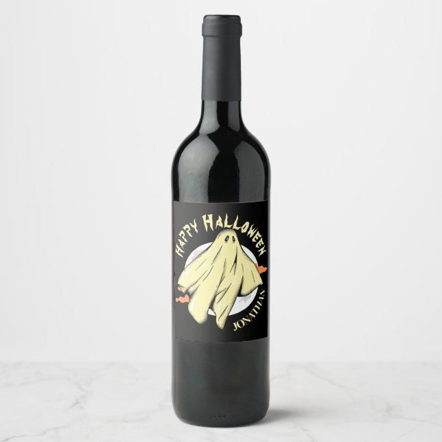 Simple Halloween spooky ghost Personalised Name Wine Label (Front)