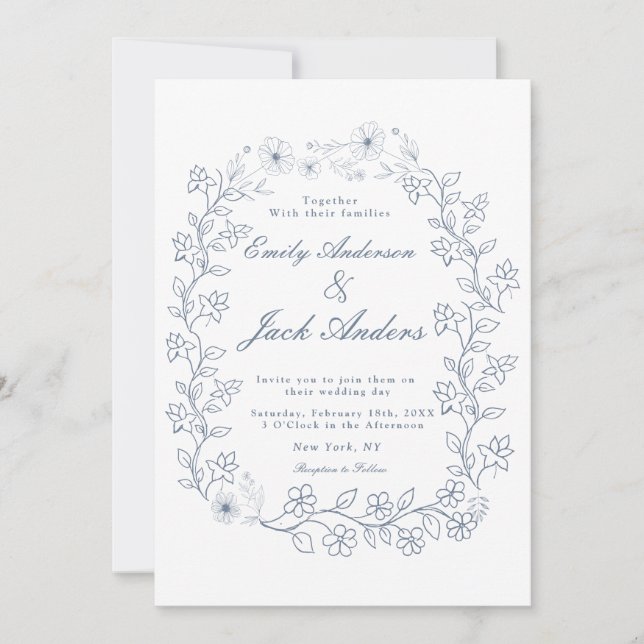 simple hand drawn Blue line flower garden wedding Save The Date (Front)