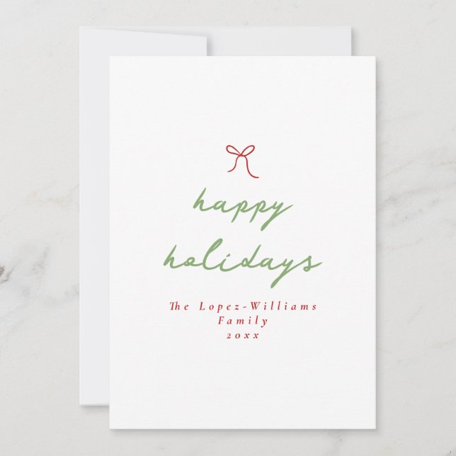 Simple Hand Drawn Bow Red & Green Christmas Photo Holiday Card (Front)