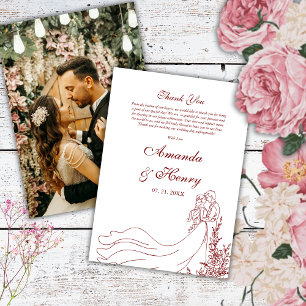 Simple Hand Drawn Couple Photo Burgundy Wedding Thank You Card