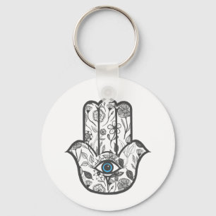 Simple Hand Drawn Floral Hamsa Hand Key Ring