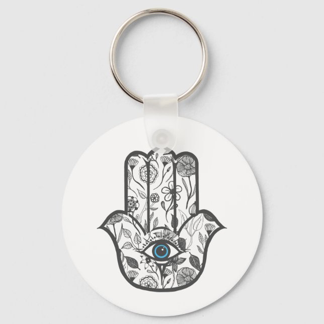 Simple Hand Drawn Floral Hamsa Hand Key Ring (Front)
