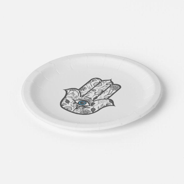 Simple Hand Drawn Floral Hamsa Hand Paper Plate (Angled)