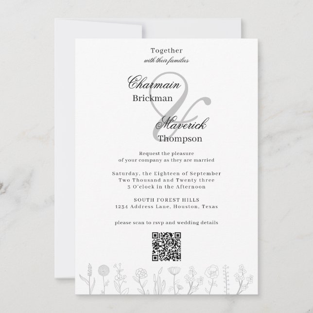 Simple Hand Drawn Flower Photo Qr Code Wedding Invitation (Front)