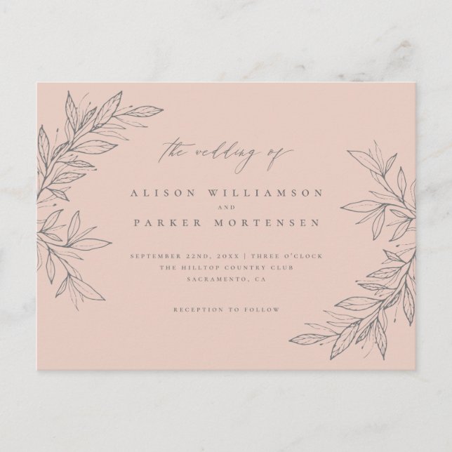 Simple Hand-drawn Greenery Blush Botanical Wedding Invitation Postcard (Front)